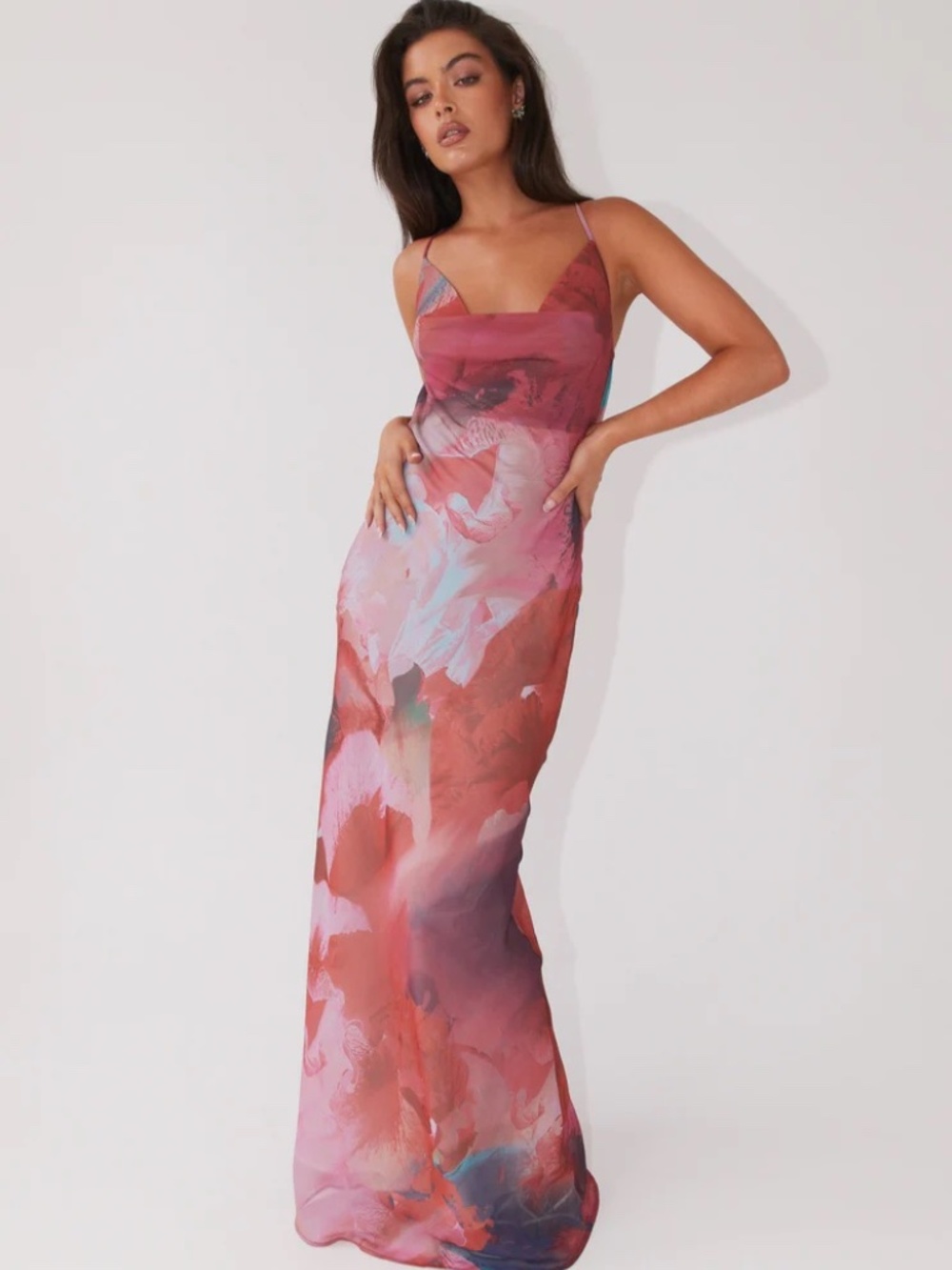 Peppermayo Abigail Cowl Neck Low Back Maxi Dress in Scarlet Burst - Size US 8 - Picture 9 of 10